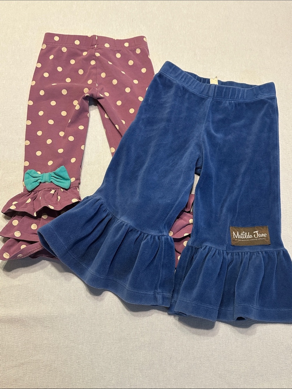Matilda Jane Navy Velvet Ruffle Leggings & Plum Polka Dot Pair
